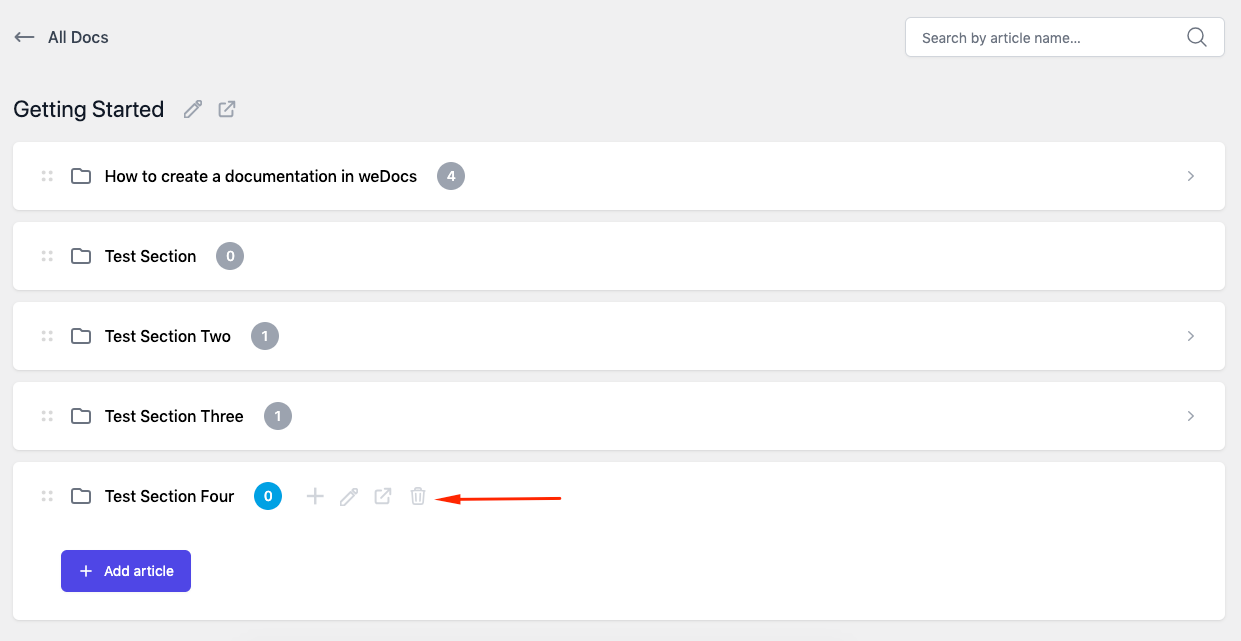 How to delete a section inside a documentation