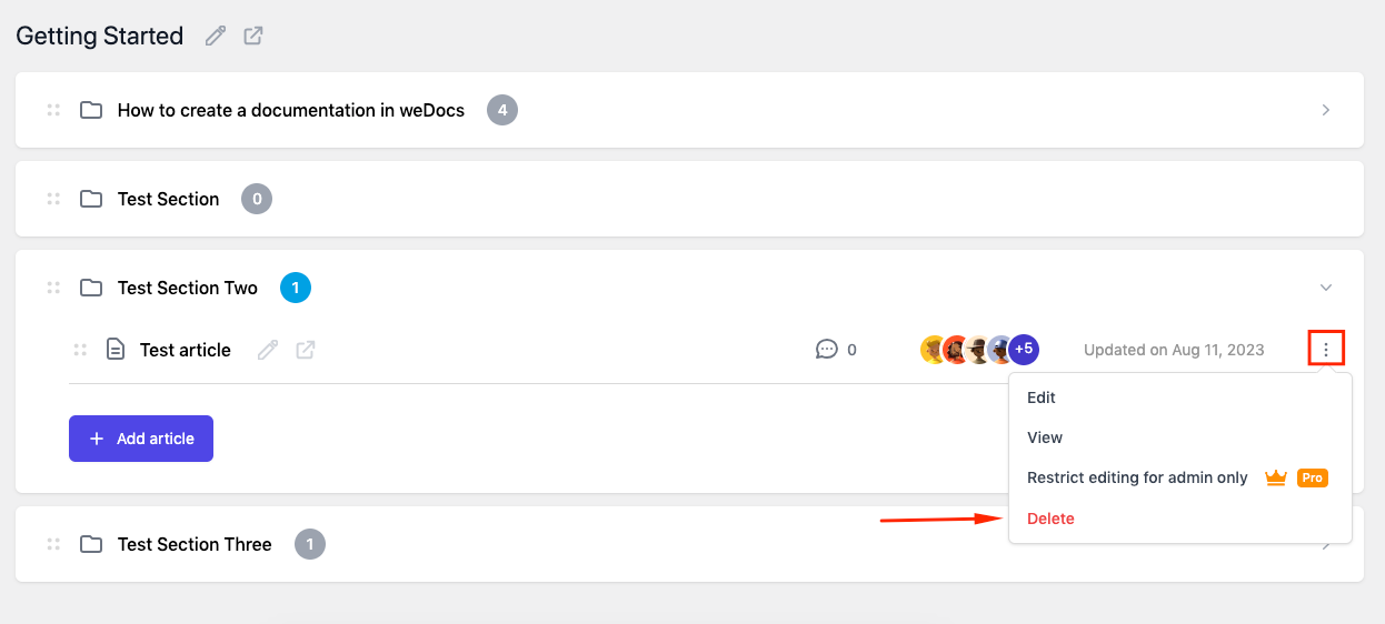 How to delete an article in WordPress docs plugin