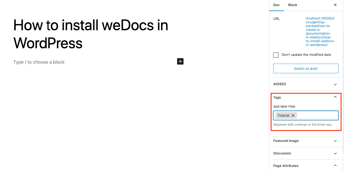 Adding tags in the WordPress documentation