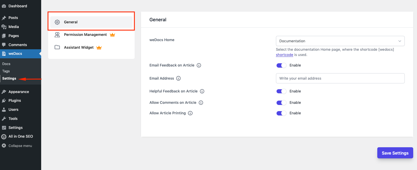 WordPress documentation plugin settings