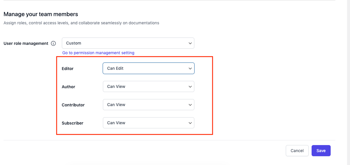 Managing user role for documentation